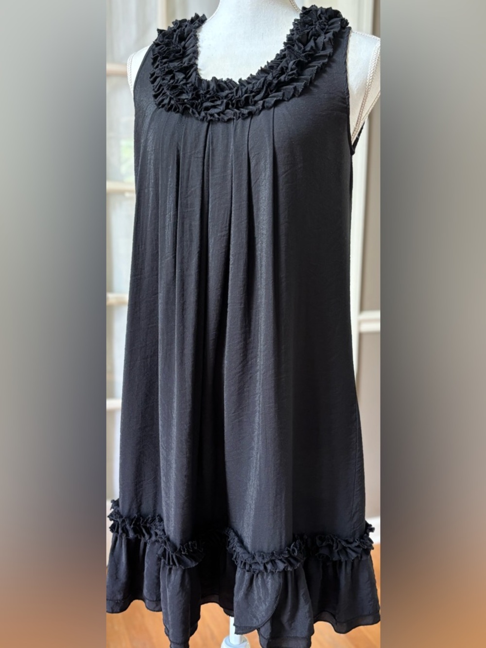 Kindred Love Black Ruffle Neck Mini Dress Flowy Boho Tiered Hem Size M